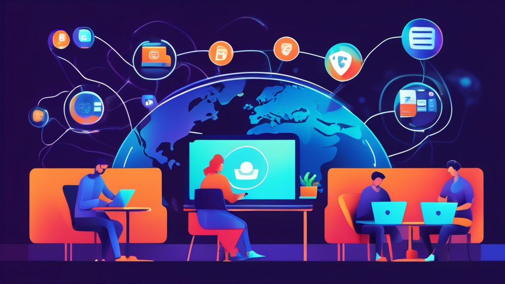 Create an engaging image that showcases the benefits of a strong VPN for accessing global content securely. Picture a person using a laptop in a vibrant public café. Visible on the laptop screen are icons or logos of popular streaming services from various countries, illustrating bypassing geo-restrictions. Include glowing padlock symbols in the background to emphasize security, and a globe with connecting lines to represent worldwide access. Use a warm, inviting color palette to highlight the positive aspects of using a strong VPN.