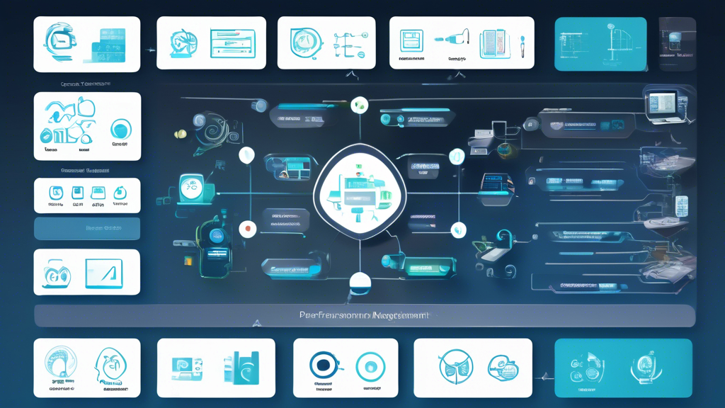 Create an image that showcases the key features and functionalities of xset apex. Include a diverse set of technical icons (representing different functionalities such as performance monitoring, resource management, customization, and automation) arranged around a central computer screen displaying the xset apex interface. Add a step-by-step visual guide overlay on the main screen, with a gradient background that transitions from blue to green to symbolize optimization and efficiency. Use a modern, tech-inspired design with sleek lines and vibrant colors to reflect the advanced capabilities of xset apex.