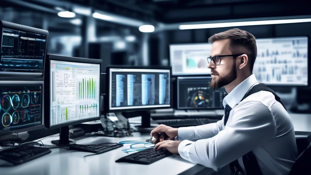 Create an image that portrays a professional IT technician in a modern workspace, surrounded by high-tech monitors displaying system performance dashboards. The technician should be actively engaging with xset apex software, showcasing efficiency and optimization in action. Include visual elements such as tips and tricks charts, troubleshooting guides, and highlighted case studies/testimonials in the background to emphasize best practices and successful implementations of xset apex.