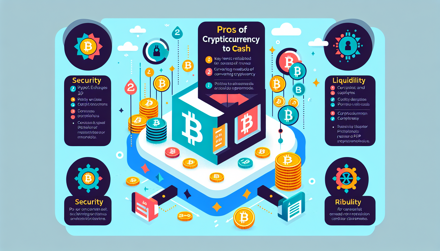 Create an infographic depicting the pros and cons of different methods of converting cryptocurrency to cash. Include visual elements such as icons and symbols representing cryptocurrency exchanges, P2P (peer-to-peer) platforms, and ATMs. Highlight key points related to security, reliability, liquidity, and speed of access to cash for each method. Use a balanced color scheme to emphasize both advantages and disadvantages.