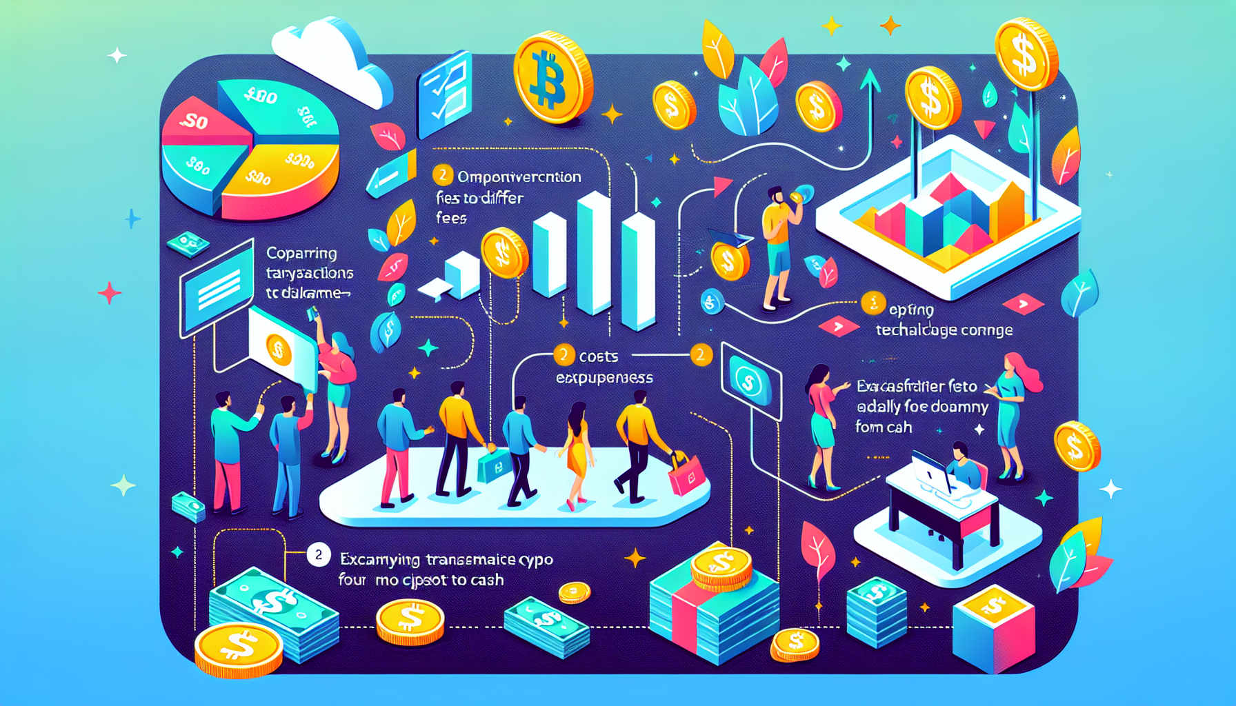Create an image illustrating a step-by-step guide on how to save money when converting cryptocurrency to cash. The visual should include clear, simple instructions and graphics that depict selecting a low-fee platform, avoiding hidden fees, and optimizing the exchange process. Highlight elements such as a user comparing transaction fees on different platforms, a chart showing the breakdown of costs, and people successfully exchanging crypto for cash with minimal expenses. The image should be easy to understand and visually engaging, targeting individuals looking for the most economical way to convert their crypto holdings.
