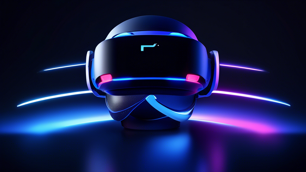 Create an image that showcases the PS5 VR2 with a futuristic design background. Highlight the headset with glowing lines to emphasize the advanced sensors and motion tracking technology. Include visual elements like holograms and digital interfaces to represent the enhanced resolution, field of view, and user-friendly interface. Make sure the image conveys a sense of cutting-edge innovation and ease of use for an optimal VR experience.