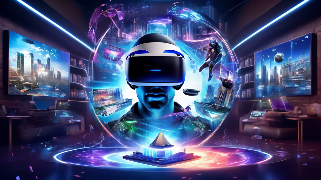 Create an image that illustrates the idea of Future-Proof Investment for Gaming Enthusiasts. It should feature a sleek PlayStation VR2 headset in the foreground, symbolizing cutting-edge technology. Surrounding the headset, show a dynamic scene that includes various holographic VR games and experiences, emphasizing a vast and growing library. Include elements such as futuristic cityscapes, fantasy worlds, and immersive simulations to highlight the potential and long-term value of investing in PS5 VR2. Ensure the background gives a sense of innovation and technological advancement with subtle hints of Sony branding.