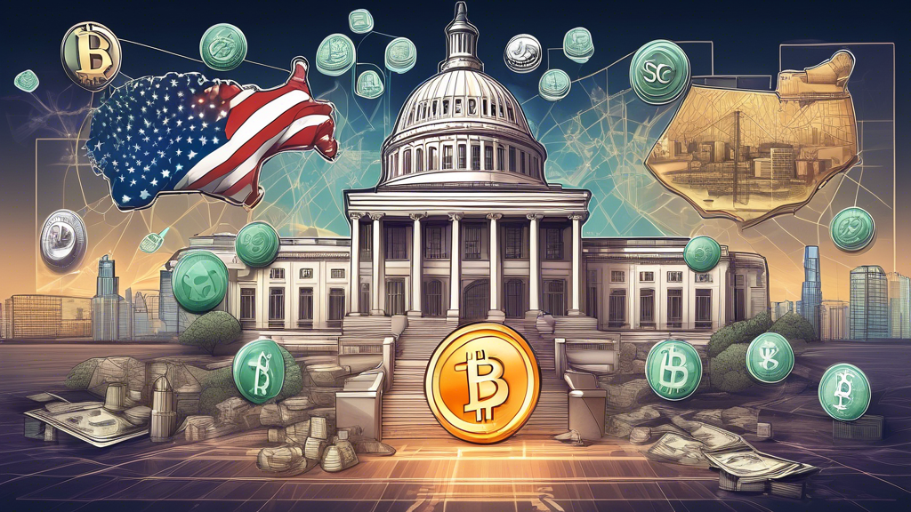 Create an image depicting the regulatory landscape of the US crypto markets. Show government buildings like the SEC and CFTC with an overlay of digital cryptocurrency symbols like Bitcoin and Ethereum. Illustrate a balance scale to represent financial regulations, compliance documents, and crypto transactions. Use a mix of traditional legal imagery with modern digital finance elements to highlight the intersection of finance laws and the US crypto sector.