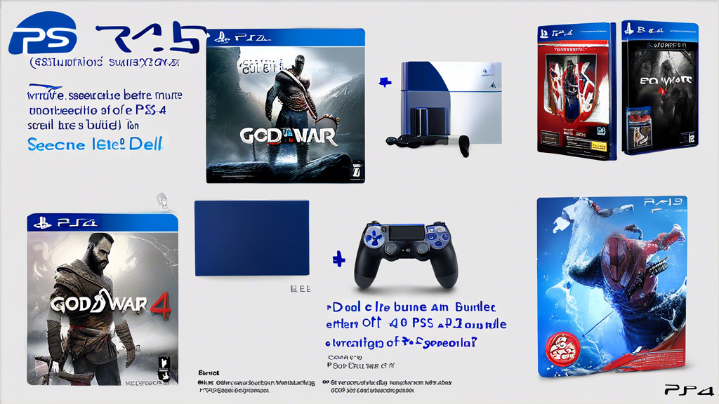 DALL-E prompt: Create an image of a PS4 bundle deal featuring exclusive and popular game titles. The scene should include a PS4 console with branded packaging for games like God of War, Spider-Man, and The Last of Us. Surround the bundle with promotional tags highlighting 