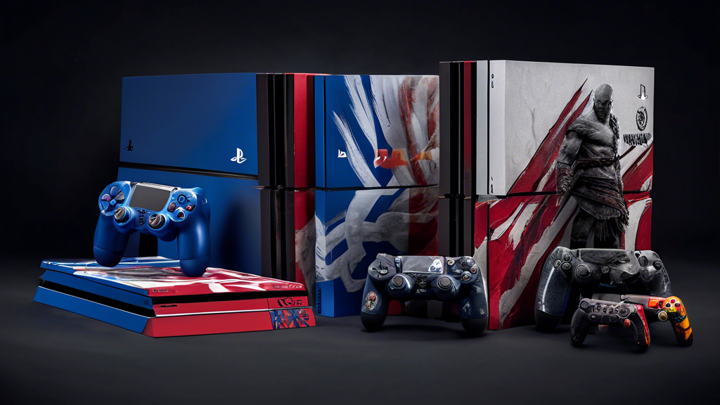 Prompt: Create an image showcasing a collection of rare, limited edition PS4 bundles for collectors. The displayed bundles should feature unique console designs inspired by popular games like God of War, Spider-Man, and The Last of Us. Each console should be presented in pristine packaging, accentuating their exclusivity with a luxurious and collectible vibe. Incorporate a variety of visual elements highlighting their collectors’ appeal, such as special certificates, unique artwork, and limited availability indicators.