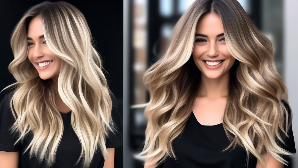 Create an image of a woman with flowing blonde hair contrasted by dark foils, showcasing a low-maintenance yet stylish look. Emphasize the 3D effect and added depth created by the dark foils, highlighting the versatility in patterns like balayage, ombre, and highlights. Show the woman in a trendy urban setting, with a radiant, confident smile to reflect the ease and sophistication of this hair trend.