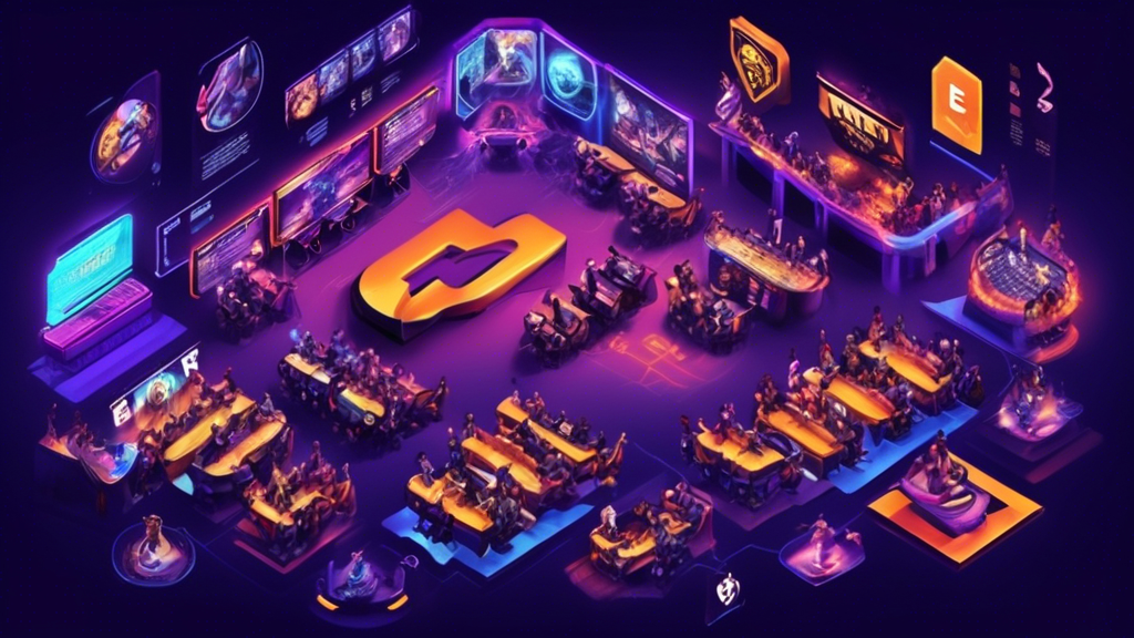 **DALL-E Prompt:** Create an informative and engaging illustration depicting various types of e sports betting options. Include visual representations of match betting, tournament betting, prop bets, live betting, and futures. Show iconic e sports titles like League of Legends, Dota 2, and Counter-Strike: Global Offensive, integrated into the design. The image should convey a dynamic and modern atmosphere, with elements like odds displays, gaming setups, and enthusiastic spectators to reflect the vibrant world of e sports betting.