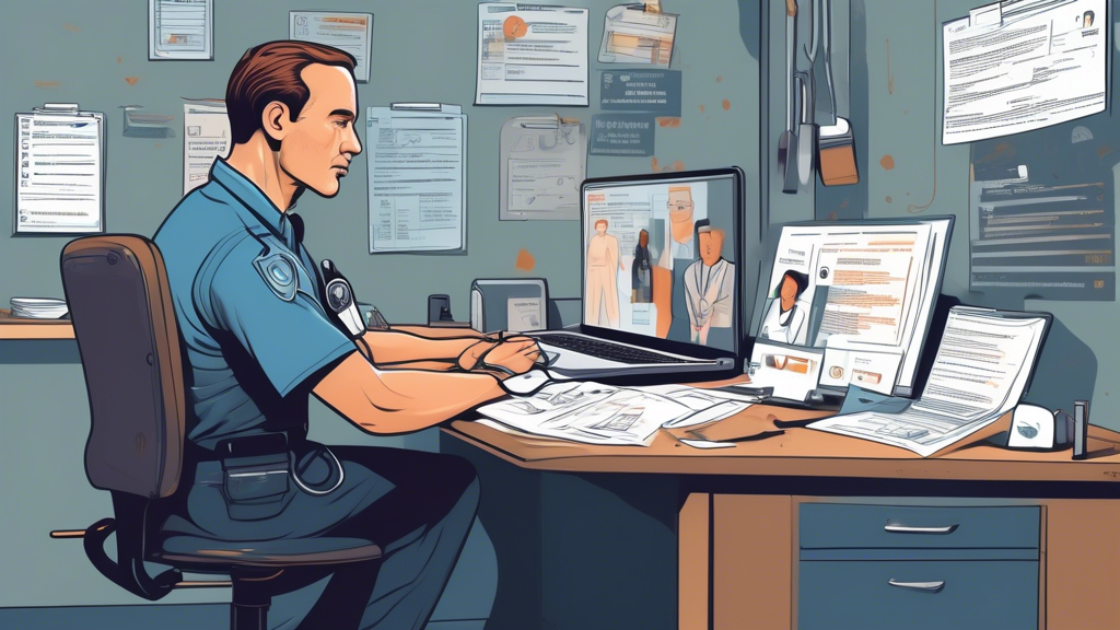 **DALL-E Prompt:**Create an illustration that depicts a commercial driver seeking out a reliable medical examiner for their mandatory medical exam. Show a well-organized workspace with a laptop open to the National Registry of Certified Medical Examiners website, highlighted with a checklist of qualifications to verify (e.g., certification by FMCSA), alongside brochures and business cards scattered around. Also, include a bulletin board or smartphone with referrals and recommendations from colleagues or industry professionals. The background should include subtle elements suggesting a transportation or logistics setting, such as maps, trucks, and driver logs.