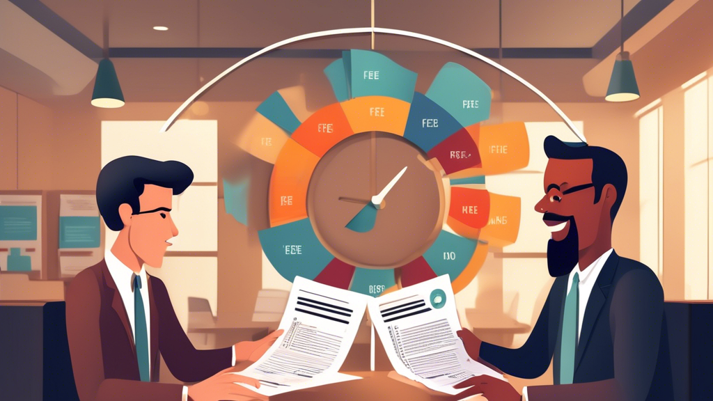 Create an image showing a thoughtful conversation between a client and a lawyer in a modern law office. The lawyer is holding a document labeled Fee Structure and explaining it to the client. Surrounding them are visual elements like a pie chart depicting different fee structures (contingency fees, hourly rates, fixed fees) and a promotional sign displaying No Win, No Fee. The background has certificates and legal books to represent credibility. Use a professional and friendly tone. Keywords: lawyers for auto accidents.
