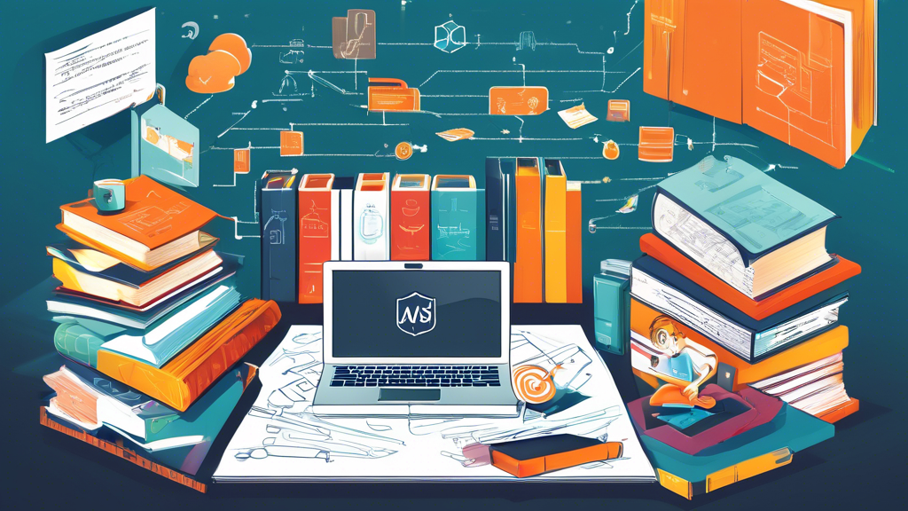 Generate an image that illustrates the preparation journey for the AWS Certified Cloud Practitioner exam. Show a person surrounded by study materials such as books, a laptop displaying an online course, and workshop notes. Include visual elements representing AWS services, security, and architecture principles to highlight important study topics.