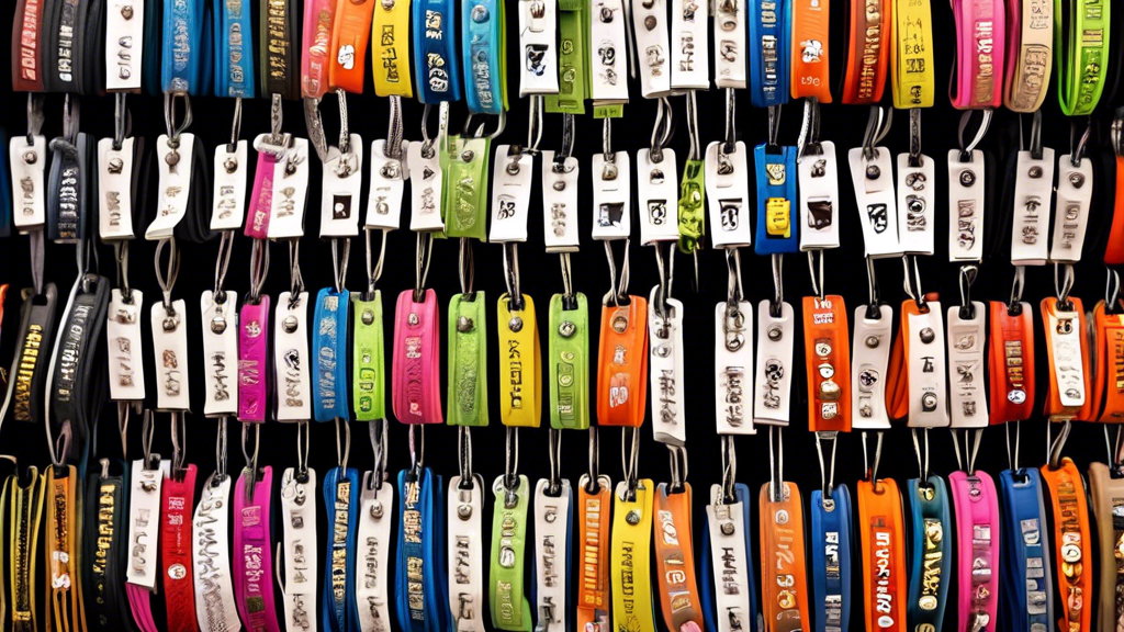 A detailed image showing a variety of extra long dog leads hanging on a display wall. Focus on the different materials (nylon, leather, rope), varying lengths, and widths. Highlight safety features like reflective stitching and easy-to-use clasps. Depict labels or small signs describing each type of lead, emphasizing durability, flexibility, and suitability for different breeds. The background can be a pet store setting or an organized home pet-care area. Keywords: extra long dog lead, durability, safety features, flexibility.