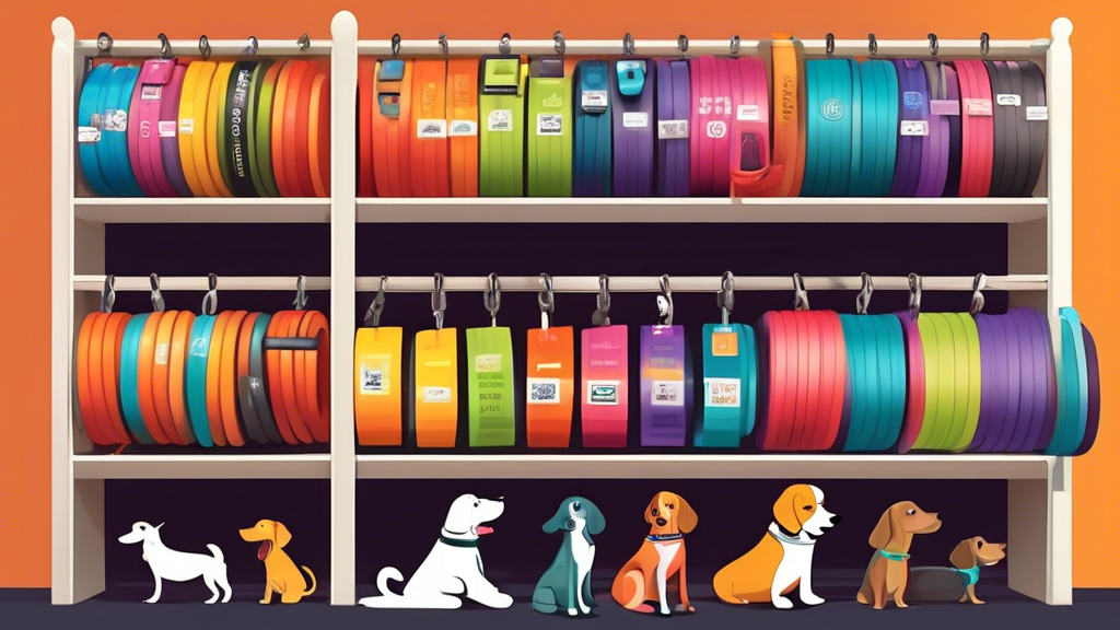 Create an image of a variety of highly-rated extra long dog leads displayed on a shelf, each with detailed labels highlighting their key features. The scene should include tags for affordability, customer ratings, and maintenance tips, with a friendly dog in the background looking eager to go for a walk.