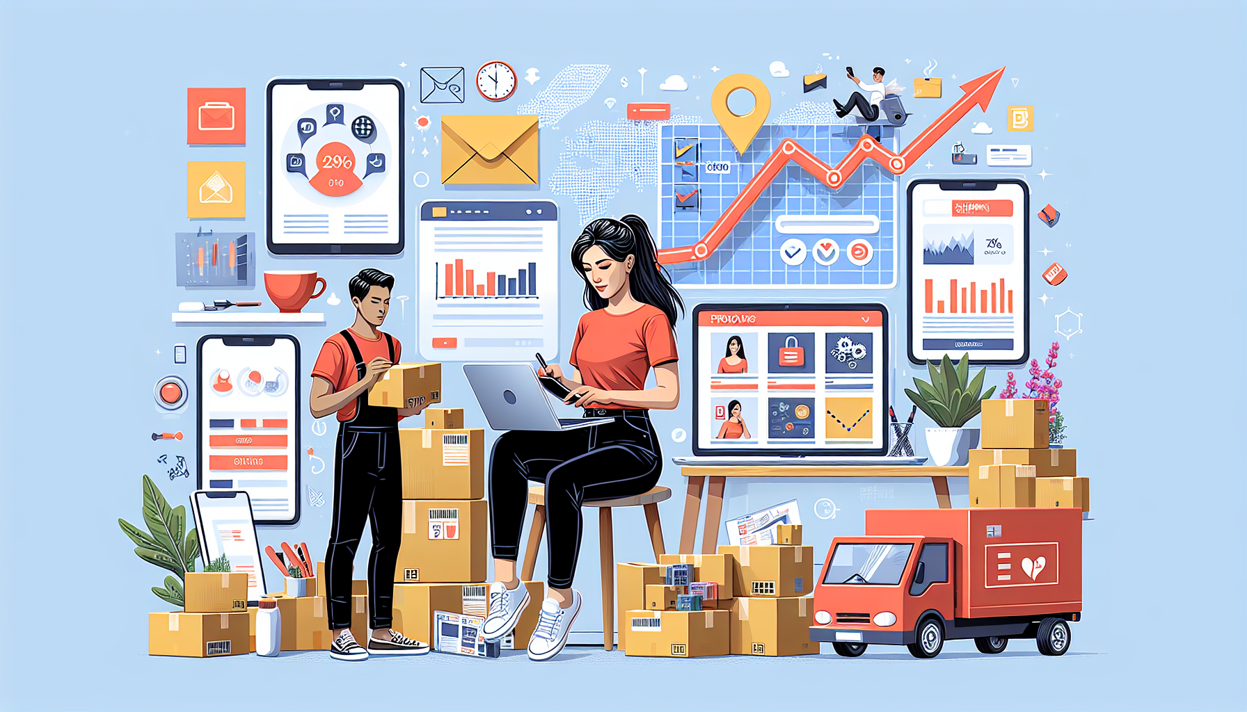 A DALL-E prompt for an image that relates to outline point #2 could be:

An illustrative image of a young entrepreneur working from home, managing an e-commerce and dropshipping business. The scene includes a laptop displaying an online storefront, various product packages ready for shipping, and a vibrant market graph showing increasing sales. The workspace is modern and well-organized, with elements like a tablet, coffee cup, and motivational posters to convey a productive environment.