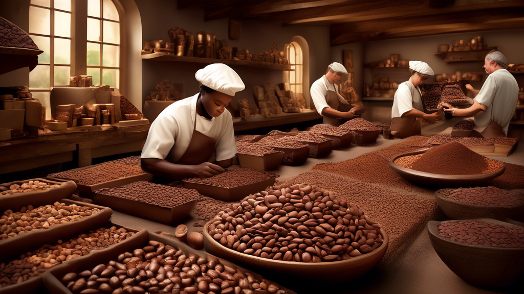Craftsmen delicately hand-selecting high-quality cocoa beans for a Godiva chocolate box, in a beautifully detailed chocolatier workshop, showcasing an array of rich and exotic ingredients like Madagascar vanilla and Turkish hazelnuts, with finished luxurious chocolates in the background, emphasizing their unique textures and intricate designs.