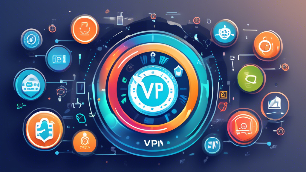 Create an image of a sleek, modern interface displaying various icons and graphics that represent key features for selecting a top VPN provider. Highlight elements such as speed (depicted by a speedometer), security (shield and lock), user-friendliness (smiling user interface), privacy (no-log policy icons), and multi-device compatibility (smartphones, tablets, laptops). The background should have a tech-savvy, futuristic look, with a minimalistic and clean design to emphasize the importance of these criteria in choosing the best VPN providers.