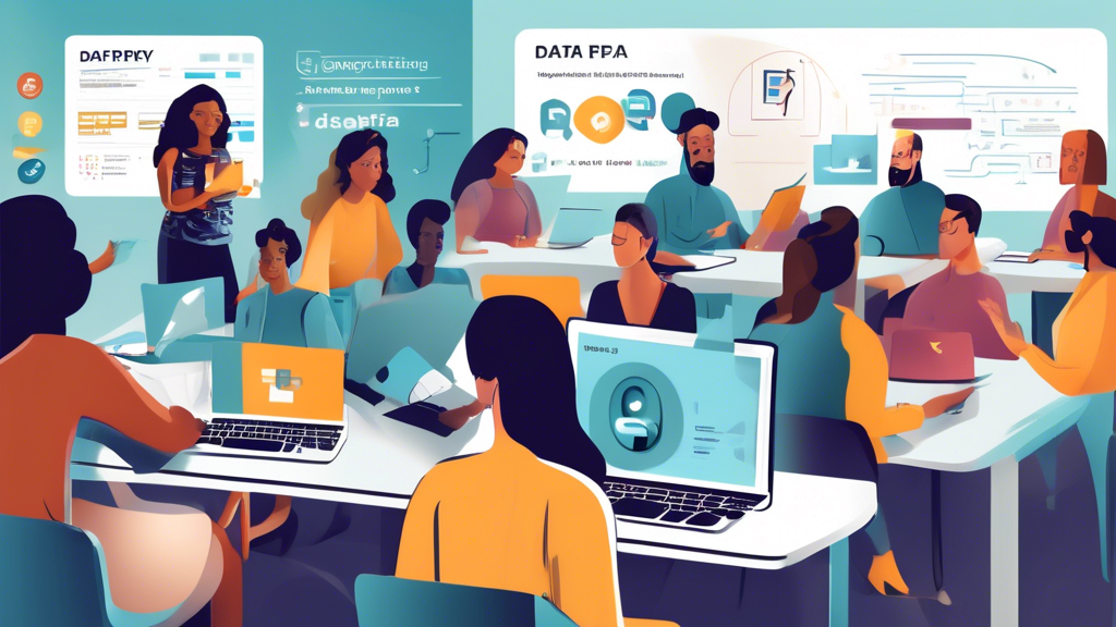Create an image that captures educators in a modern online learning environment conducting a training session on data privacy. The scene should include visual elements such as laptops with secure login screens, charts or infographics about data protection, and a whiteboard with key data privacy terms (like encryption, GDPR, FERPA). The diverse group of educators looks engaged as they learn about protecting students