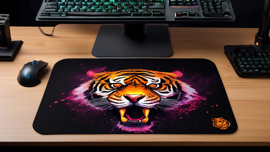 Create an image showcasing an eSports Tiger Mousepad in action, highlighting its advanced design and high-quality materials. The scene should include a close-up of the mousepad’s textured surface, illustrating how it enhances the precision and control of a gaming mouse. The background should feature a dynamic gaming setup with a range of gaming peripherals, and a professional eSports player intensely focused on a competitive match. User testimonials and subtle endorsements by well-known eSports players can be incorporated as text overlays in the image.
