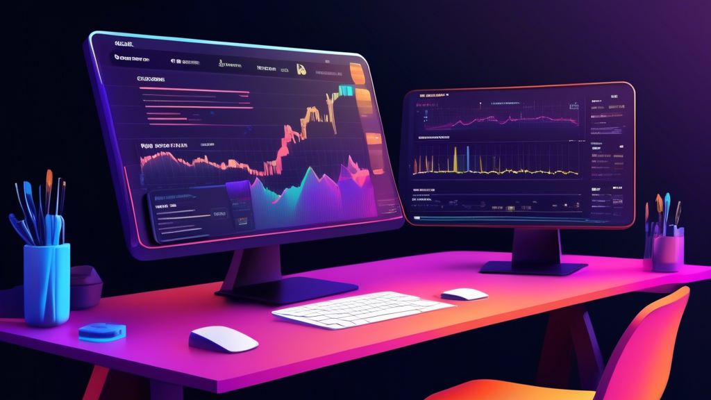 Create a DALL-E image with the following prompt:

Show a sleek and modern interface of a crypto demo trading app on a computer screen. Include vibrant charts, real-time market stats, and various analytical tools. In the background, depict icons or symbols representing educational resources and community discussions, demonstrating the app