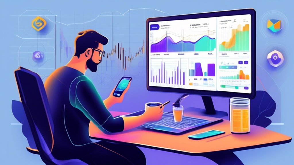 DALL-E Prompt: A detailed step-by-step scene showing a person using a crypto demo trading app on their smartphone and laptop. The background includes charts, graphs, and other analytical tools displayed on multiple screens. The scene should illustrate different strategies and techniques such as analyzing market trends, setting up trade simulations, and using educational resources. The atmosphere should be modern and tech-savvy, emphasizing the importance of practicing with a demo app before engaging in real trading.