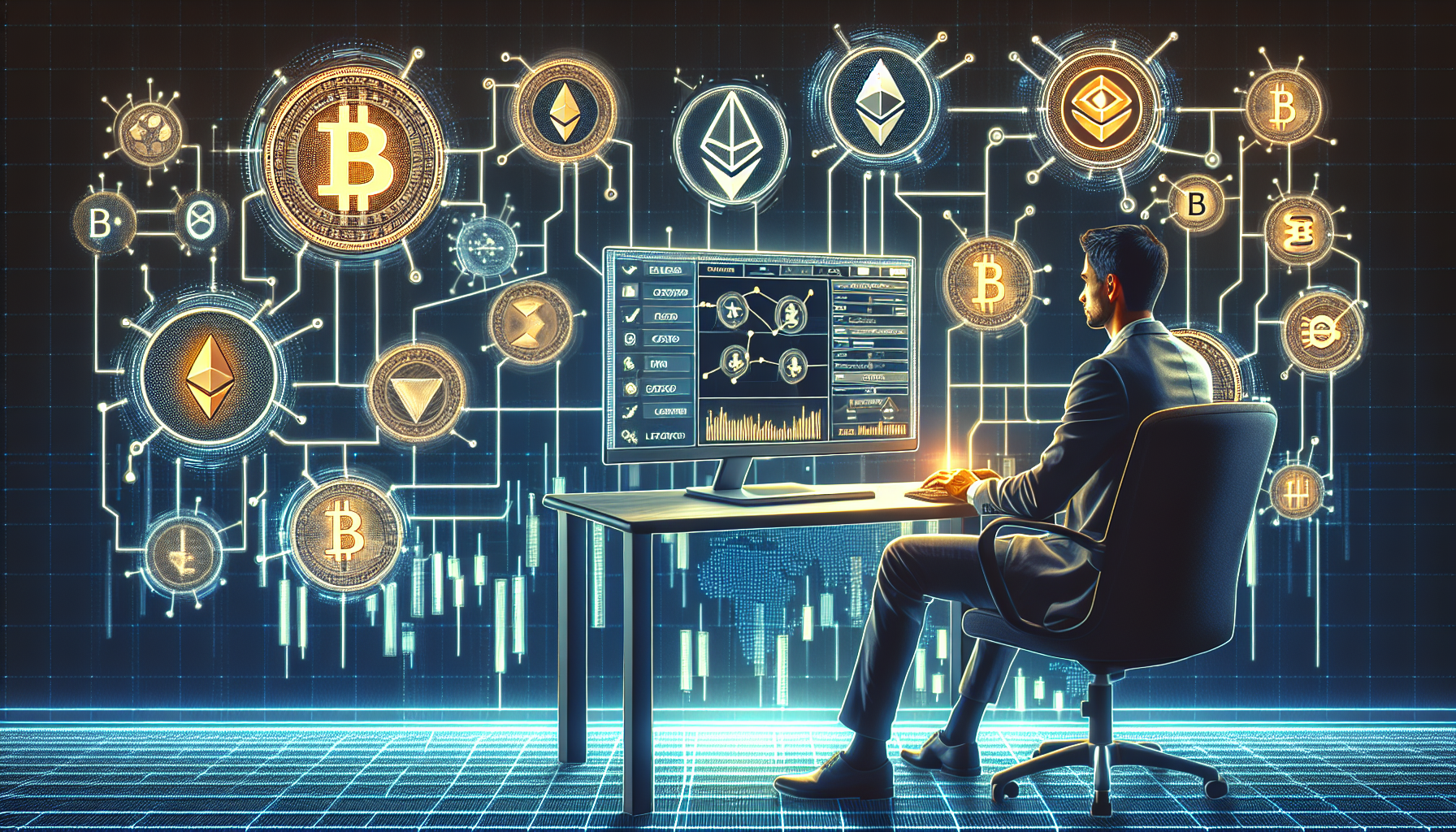 Create an image:

A tech-savvy individual in front of a computer screen that displays a popular cryptocurrency exchange platform. The screen showcases various cryptocurrencies and graphical tools for analysis. The person is in the process of setting up an account for leverage trading crypto, carefully selecting the type of leverage to apply. Surrounding the individual are digital icons representing different cryptocurrencies like Bitcoin and Ethereum, as well as icons symbolizing the steps involved in setting up a margin trading account. The background has a futuristic, digital aesthetic with blockchain motifs, representing the high-tech nature of cryptocurrency trading.