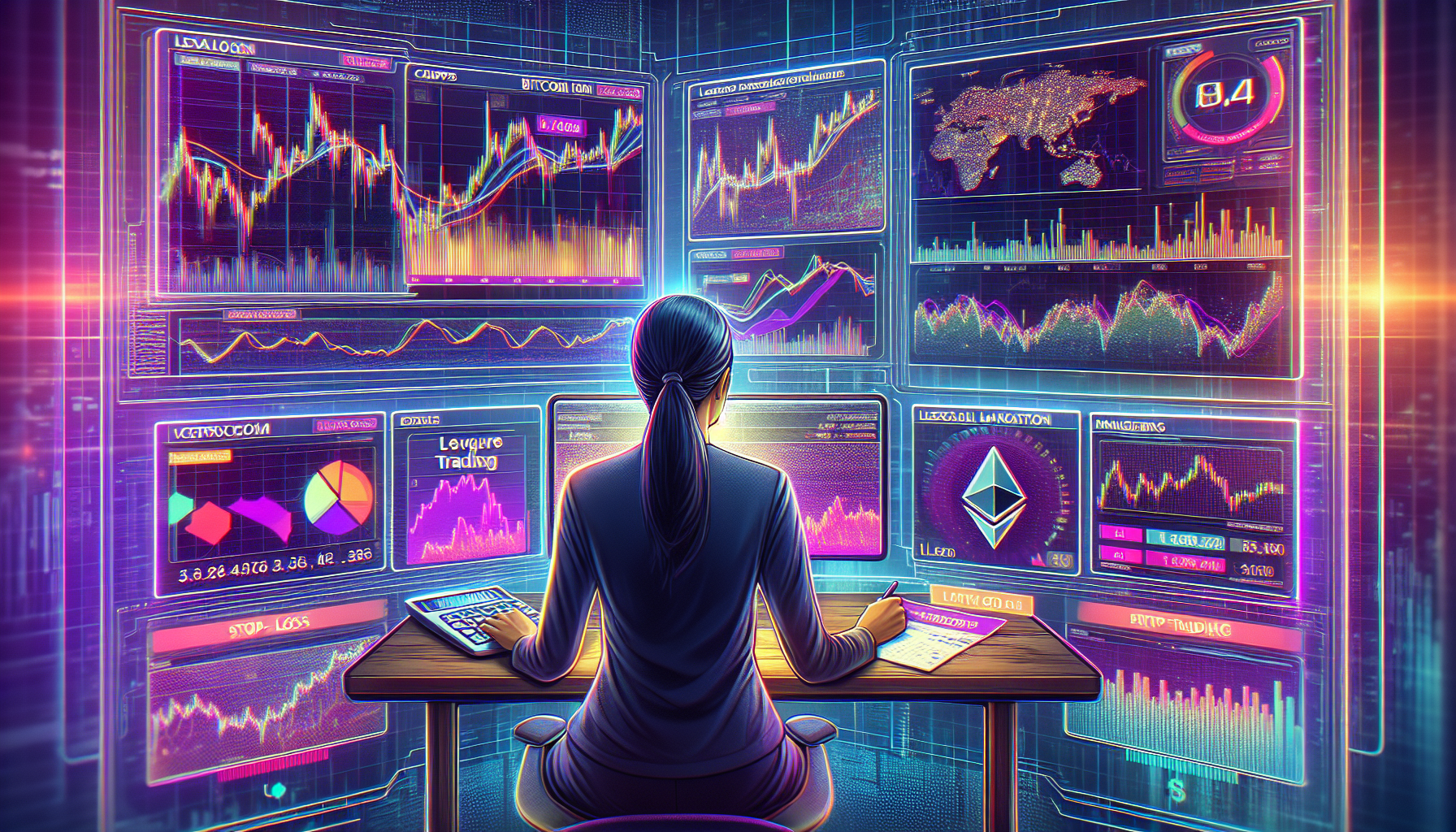 Create an image depicting a dynamic scene of a trader analyzing multiple screens with charts and graphs, focusing on Bitcoin and Ethereum. The background should include elements like a futuristic trading platform interface, with key indicators of leverage trading highlighted. Incorporate visual cues for risk management strategies, such as stop-loss limits and margin levels, alongside the trader using tools like a calculator and financial reports. The overall atmosphere should convey action, strategy, and careful risk assessment in the thrilling world of cryptocurrency margin trading.