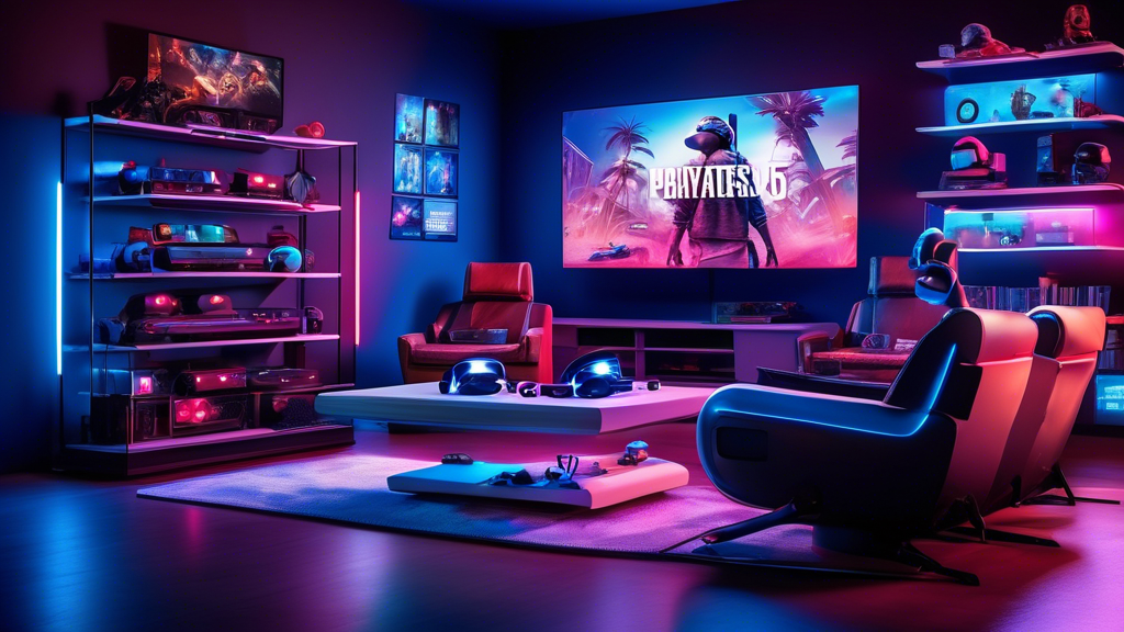 Create an image of a gamer’s living room setup featuring a PlayStation 5 and PlayStation VR 2, including the headset and controllers on a stylish gaming station. On the TV screen, display a vibrant, futuristic game scene filled with action. On nearby shelves, showcase a diverse array of game cases with recognizable titles, highlighting the wide game library available for PlayStation VR 2. The background should emphasize a cozy, modern living space full of gaming paraphernalia, ensuring the environment looks engaging and immersive.