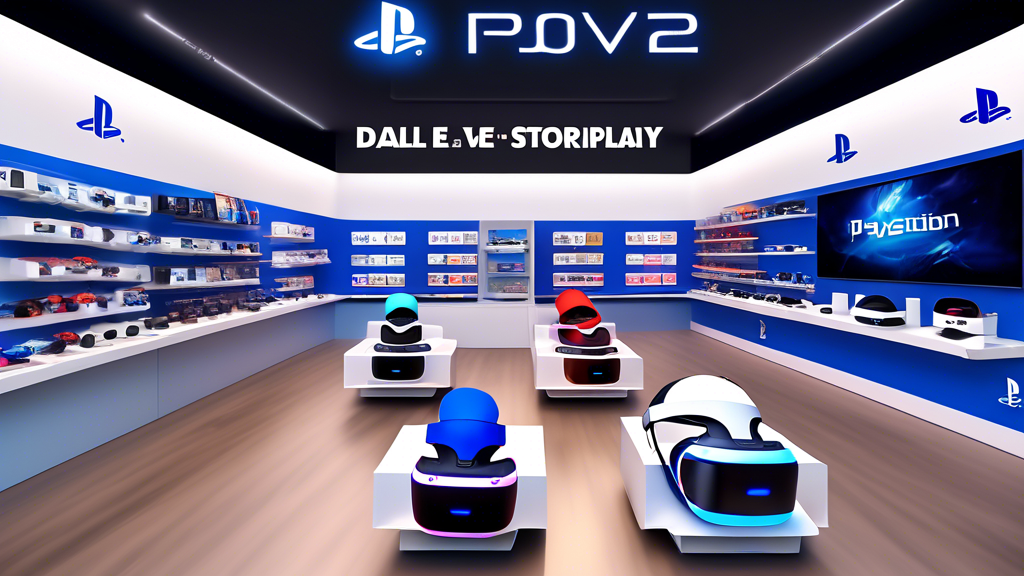 Prompt for DALL-E:
Create an image showing a sleek, modern store display featuring the PlayStation VR 2. Highlight various bundles and pricing options with clear tags or signs. The background should show logos of top retailers like Amazon, Best Buy, and GameStop, giving a sense of where to buy the PlayStation VR 2. Incorporate a dynamic, tech-savvy vibe with vibrant colors and futuristic design elements.