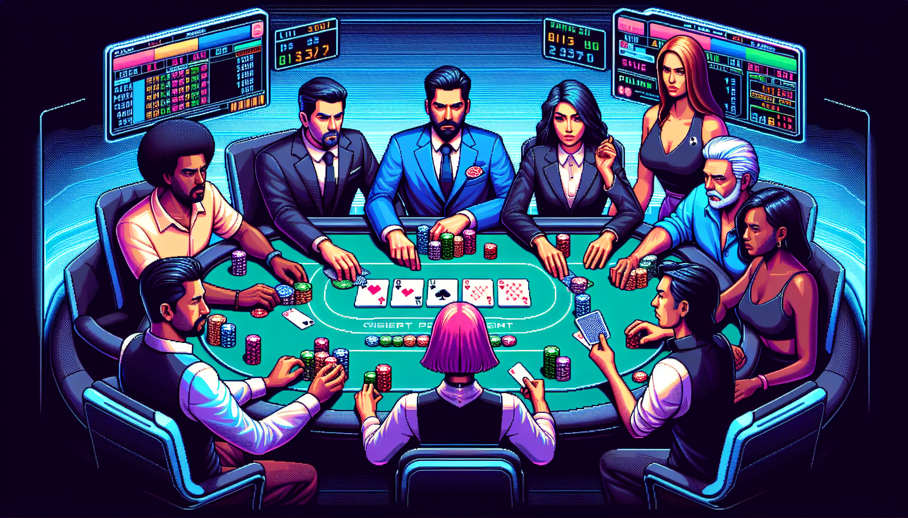 Create an image of experienced poker players in a high-stakes tournament on Poker Stars, sitting around a virtual table with intense focus and determination. The background should showcase a virtual gaming interface with cards, chips, and game statistics. Highlight a mix of strategic thinking, advanced techniques, and common mistakes, featuring both successful and unsuccessful moves to capture the dynamic nature of the gameplay.