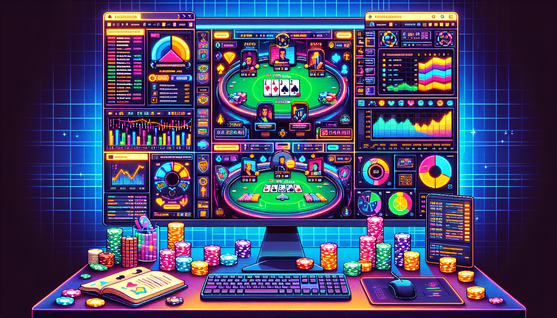 A bustling online poker interface displayed on a modern computer screen, filled with colorful poker tables and player avatars, accompanied by various analytical tools and charts. A secondary screen shows a player’s carefully managed bankroll and informative pop-ups with the latest updates from Poker Stars. Surrounding the setup are professional poker accessories like chips, cards, and a notepad with strategic tips. Capturing the essence of effectively using resources and tools to maximize success on Poker Stars, with a focus on the digital and strategic elements.