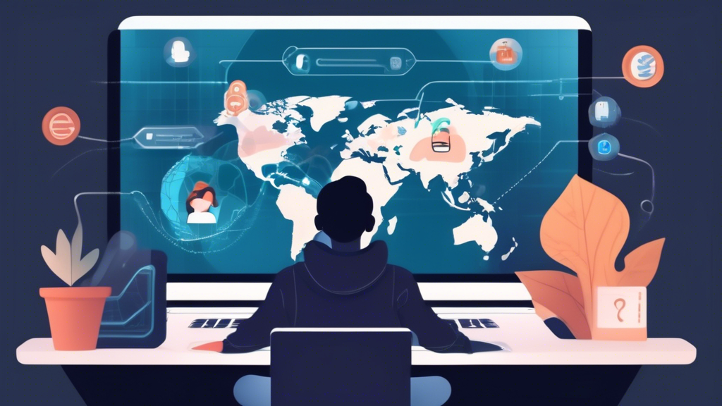 Create an image showing a person using a laptop with a VPN browser interface on the screen. The person should appear focused and content. The laptop screen should display unblocked content such as streaming services or news websites from different countries. Include elements like a globe or world map in the background and padlocks/icons indicating security. The scene should convey safety, privacy, and freedom of information.

Prompt: A person using a laptop with a VPN browser interface on the screen, displaying unblocked content from various international websites. The background features a world map with padlock icons, symbolizing security and global access. The user appears focused and content, emphasizing privacy and the benefits of bypassing geo-restrictions safely.