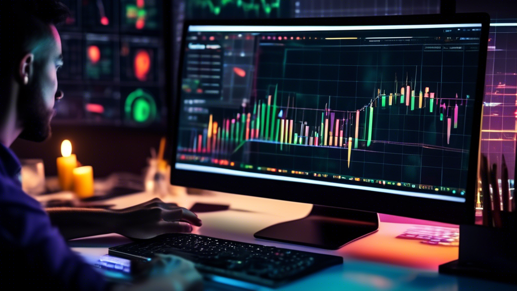 Create an image of a beginner analyzing a cryptocurrency chart on a computer screen. The screen displays a colorful candlestick chart with various indicators like moving averages, RSI, and MACD. The beginner has a thoughtful expression and is surrounded by chart analysis tools like a notebook, pen, and reference books open to pages on chart analysis. The background features a modern workspace with soft lighting, emphasizing a focus on learning.