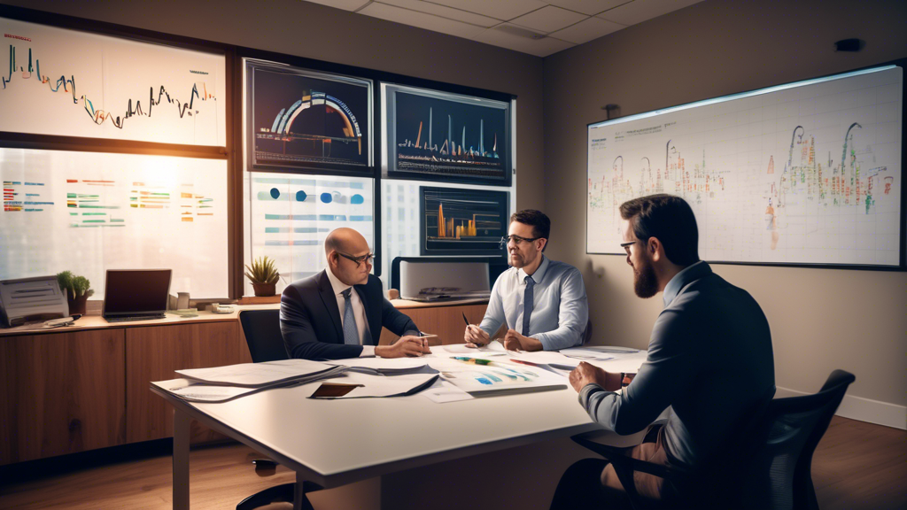 Create an image of a financial advisor sitting at a desk with a client, discussing investment options for a Limited Margin IRA. The desk is covered with charts, graphs, and documents. Behind them, there’s a whiteboard with keywords such as Higher Returns, Flexibility, and Tax Advantages written out. The office environment is modern and professional, with warm lighting and a bookshelf in the background filled with finance-related books.
