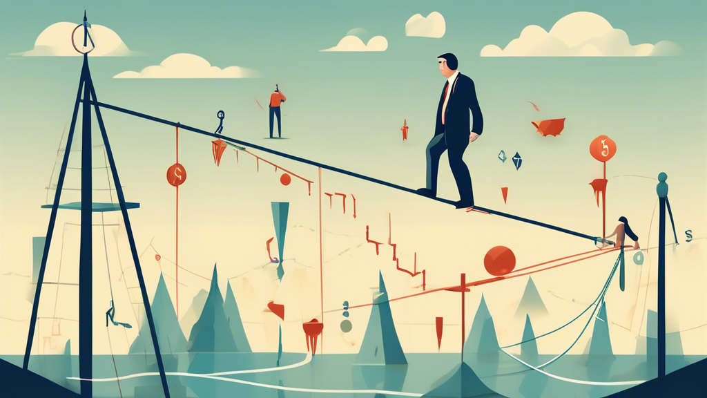Create an image that depicts the complexities and warnings associated with investing through a limited margin IRA. The illustration should feature a person carefully walking a tightrope suspended over a financial landscape. One side of the tightrope highlights potential gains with symbols like upward-trending graphs, dollar signs, and investment options. The other side shows potential pitfalls with symbols such as downward-trending graphs, red warning signs, and high risk. Below the tightrope, visualize a safety net labeled regulatory restrictions, suggesting the regulations that keep investors in check. The person on the tightrope should look cautious but determined, emphasizing the need for careful decision-making in managing a limited margin IRA.
