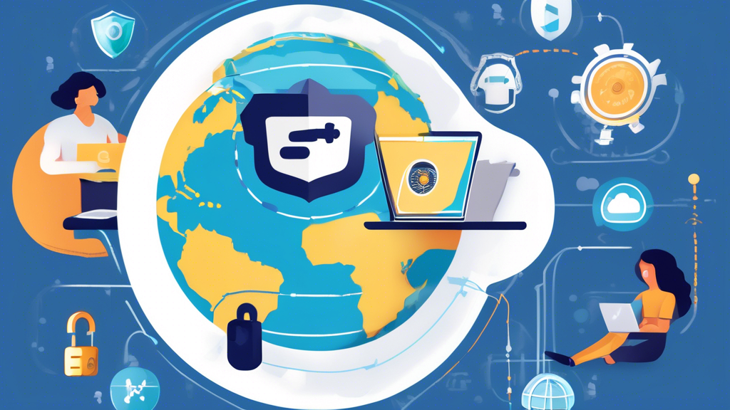 Create an image that illustrates the key benefits of using a VPN Changer. Depict a person using a laptop connected to a globe with secure chains and locks, symbolizing enhanced privacy and data protection. Highlight icons around the globe representing access to geo-restricted content, such as streaming services and international websites, and depict a Wi-Fi symbol showing increased security. Label these benefits clearly to visualize how a VPN Changer offers privacy, access to restricted content, and security on public networks.