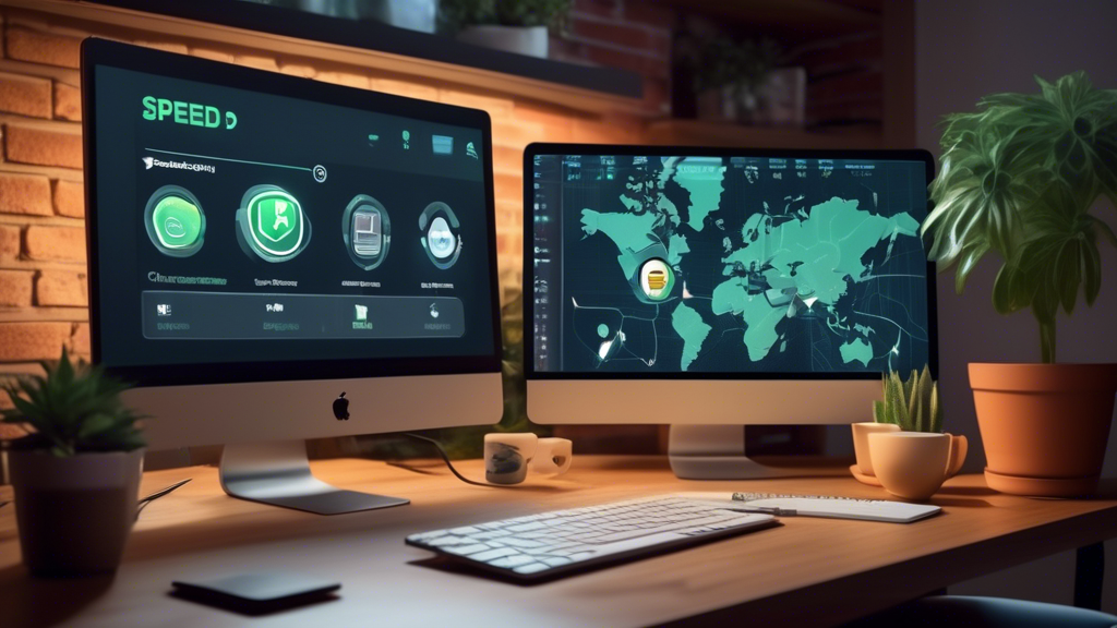 Create an image that depicts a user comparing different VPN Changer options on their computer screen. On the screen, display graphs and icons representing speed, security, and user-friendliness. The background should be a cozy home office, with soft lighting and a few personal touches like a plant and a coffee mug. Include visual elements like checkmarks and ratings to emphasize the comparison.