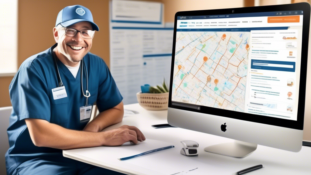 Create an image of a cheerful commercial truck driver sitting at a desk with a laptop open. The laptop screen shows various online directories and review platforms with highlighted sections about medical examiners. The background includes a map with pinned locations of certified medical examiners and a list of prices. Alongside the driver, there are flyers and brochures from local clinics and a notebook with Community Recommendations written on it, indicating advice from local driving schools and trucking companies. The scene is vibrant and friendly, emphasizing the strategies for finding an affordable DOT medical card.