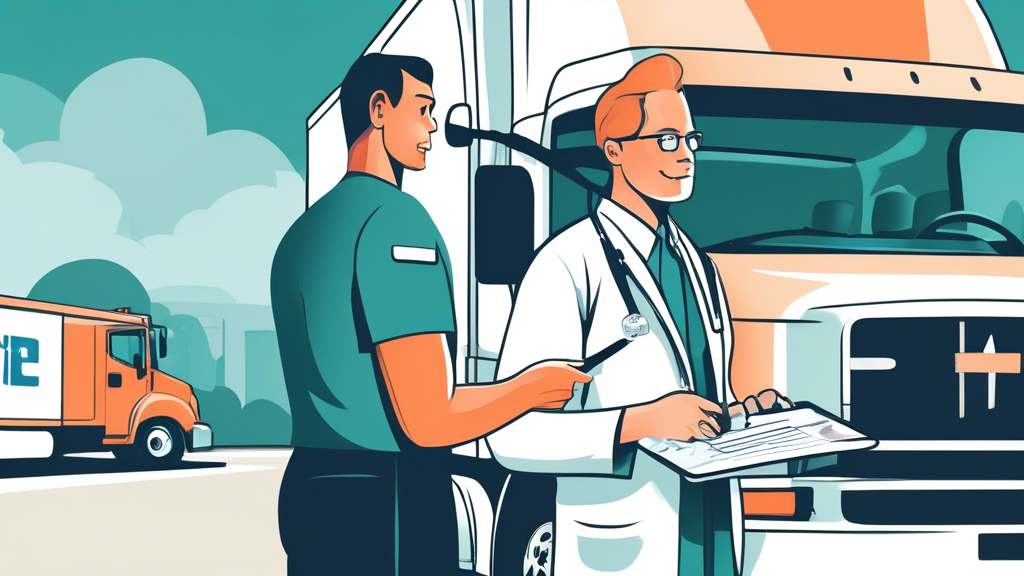 Create an illustration depicting a commercial driver preparing for a DOT medical exam to save costs. Show the driver checking off a checklist of items to bring, highlighting discounts and special offers advertised at the clinic, and interacting with an employer who is explaining subsidy options for the exam. Include elements like a clipboard, promotional banners, and a supportive employer in a corporate setting.