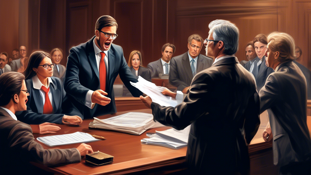Create an image that depicts a professional courtroom scene with top injury lawyers passionately negotiating a settlement. The lawyers should appear confident and engaged in discussion, with one holding a stack of important documents and another pointing to key evidence. In the background, showcase a satisfied client observing the negotiation, symbolizing the impact of expert legal representation on court decisions. Include subtle visual cues such as diplomas or awards on the walls, indicating the lawyers