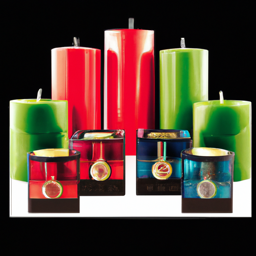 An elegant Christmas-themed background showcasing a variety of high-quality taper candles. These festive candles come in different sizes, vibrant holiday colors, and delightful scents. Some are beautifully arranged in holders, while others are presented in their packaging. The setting suggests places where they can be purchased, such as elegant store shelves or a stylish online shopping interface. The image exudes a sense of warmth and celebration, capturing the essence of selecting the perfect taper candles for your Christmas festivities.