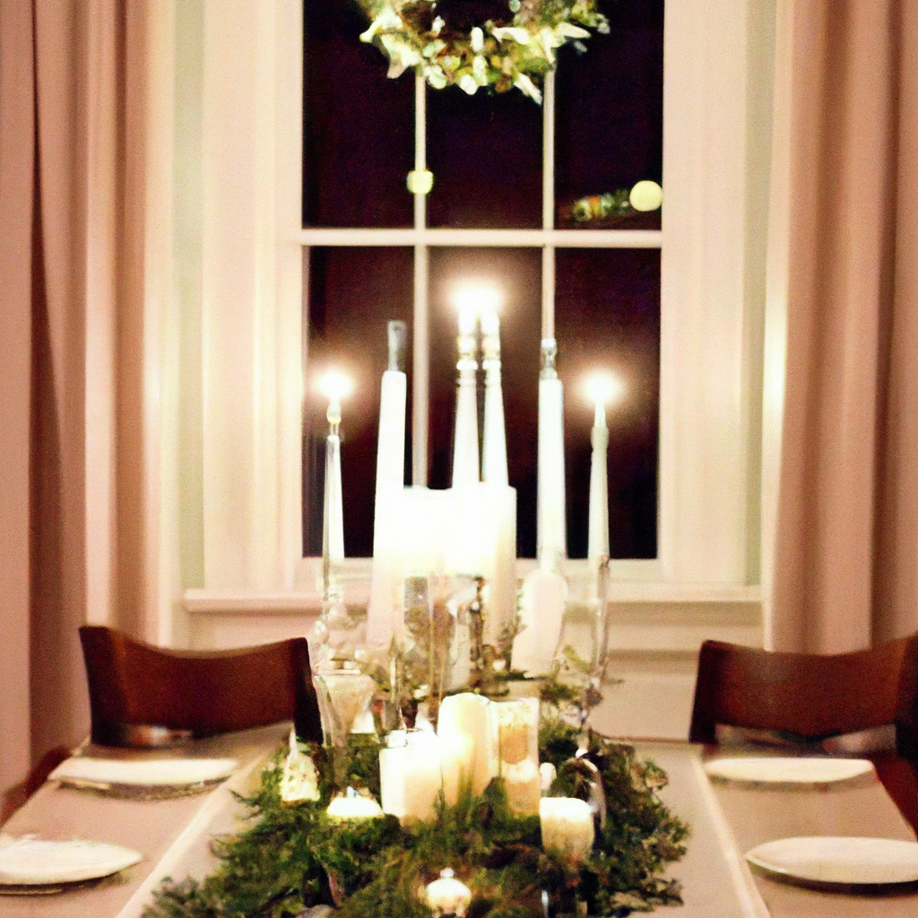 Create an image showcasing a beautifully decorated Christmas dinner table with elegant taper candle arrangements. Include creative centerpiece designs that incorporate taper candles, such as combining them with festive ornaments, greenery, and flowers. Feature taper candles also adorning a fireplace mantel and window sills, enhancing the holiday ambiance. Make sure the scene exudes warmth, elegance, and safety, with a focus on the enchanting glow of Christmas taper candles.