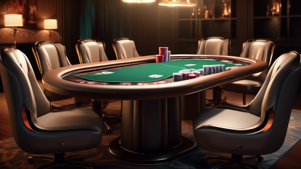Create an imaginative illustration of a stylish poker table featuring high-quality padding and luxurious felt surface, showcasing built-in cup holders and chip trays to enhance gameplay. Include a comparison element that highlights both a collapsible and a fixed poker table in a cozy game night setting, surrounded by players enjoying the game. The background should reflect an inviting atmosphere with warm lighting and subtle décor elements that evoke a fun and engaging poker night.
