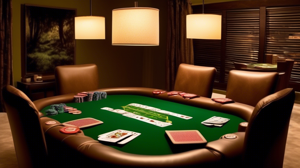 **DALL-E Prompt:** Create an inviting scene of a beautifully set up poker table for a game night, featuring quality elements like plush seating arranged optimally for player interaction. Include ambient lighting, such as soft overhead lights and candles, to enhance the atmosphere. The table should be covered in a rich green felt with neatly stacked poker chips, a deck of cards, and a dealer