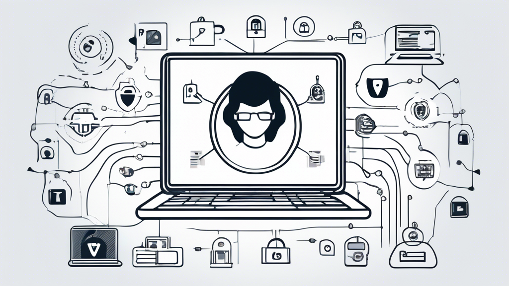 Create an image showcasing essential internet privacy tools. Illustrate a person using a laptop surrounded by various digital icons representing a Virtual Private Network (VPN), a secure browser, a password manager, and encryption tools. Use a background design that suggests both connectivity and security, like a network grid with padlocks or shield symbols.