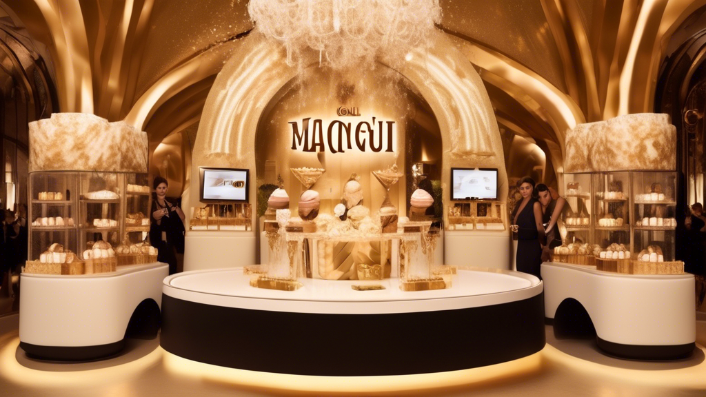 DALL-E prompt: A lavish event showcasing the global impact of Magnum ice cream bars, featuring a beautifully decorated venue with elegant guests indulging in a variety of Magnum bars. Include scenes of elegantly dressed celebrities posing with the ice cream, luxurious decor with Magnum branding, and a digital display showing engaging social media campaigns. The setting is opulent and reflects the brand