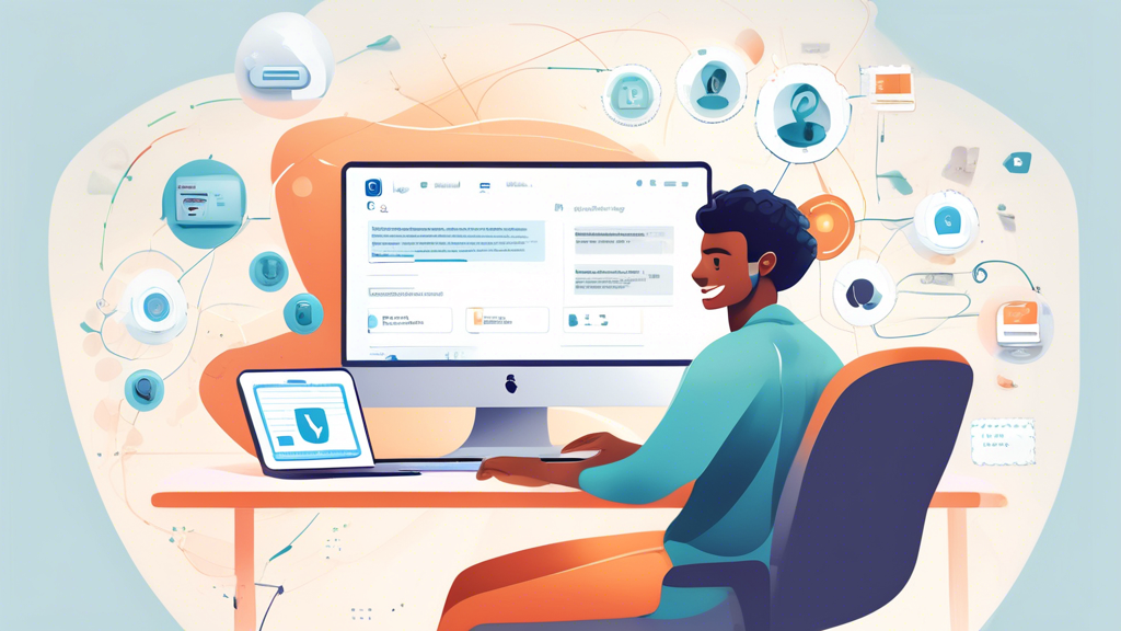 Create a detailed, realistic illustration showing a person sitting at their computer, smiling, and relaxed, with imagery representing online security (like a shield or lock) around them. In the background, include subtle elements highlighting user testimonials and success stories, such as floating positive reviews and graphs showing increased online privacy and security. Use a light, clean, and modern color palette to convey a sense of trust and safety. Keywords: DeleteMe by Abine Inc., enhanced online privacy, user testimonials, success stories.