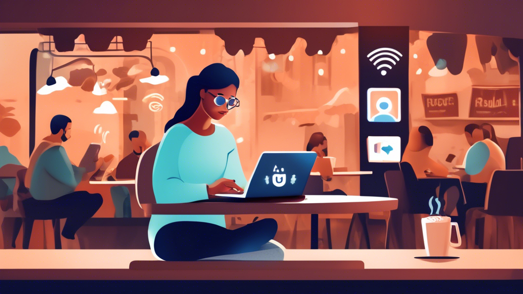 Create an image of a person sitting at a cozy café, using a laptop connected to public Wi-Fi. Overlay a faint but noticeable shield icon surrounding the laptop, symbolizing protection. Include visual elements like a USA VPN logo and digital padlock icons to emphasize security. The background should subtly display other patrons and typical café decor, making the setting relatable and realistic.