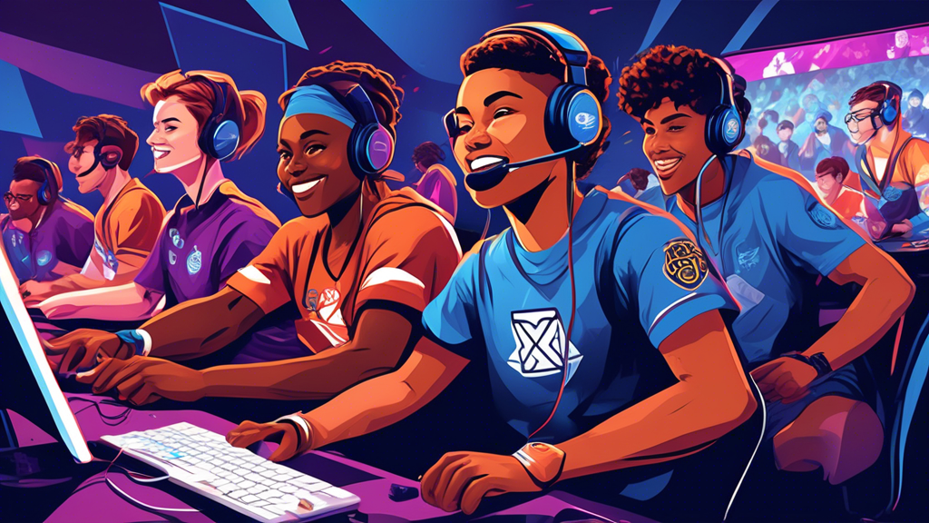 Create an illustration showing a diverse group of student-athletes engaged in various esports activities, with a backdrop of a modern collegiate environment. Include elements that represent scholarships, such as certificates and medals, and training opportunities, like coaches and training facilities. Show the excitement and teamwork in competitive gaming, highlighting both the educational and career pathways that the National Association of Collegiate Esports (NACE) offers. Use vibrant colors and dynamic compositions to convey the energy and opportunities provided by NACE.