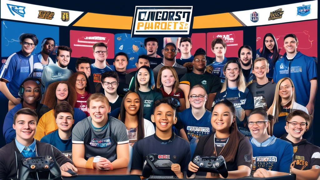 Create an image of a diverse group of student-athletes and college administrators gathered around a table covered with esports paraphernalia (game controllers, headsets, laptops). The background features banners and posters of various universities showcasing their involvement in esports. Include a large display screen showing an ongoing tournament bracket and an announcement board highlighting upcoming NACE events and conferences. Some students should be smiling and holding pamphlets titled How to Join NACE, while others engage in vivid conversations, sharing personal stories and experiences about their journey in collegiate esports. The atmosphere should be vibrant and collaborative, reflecting the community spirit of NACE.