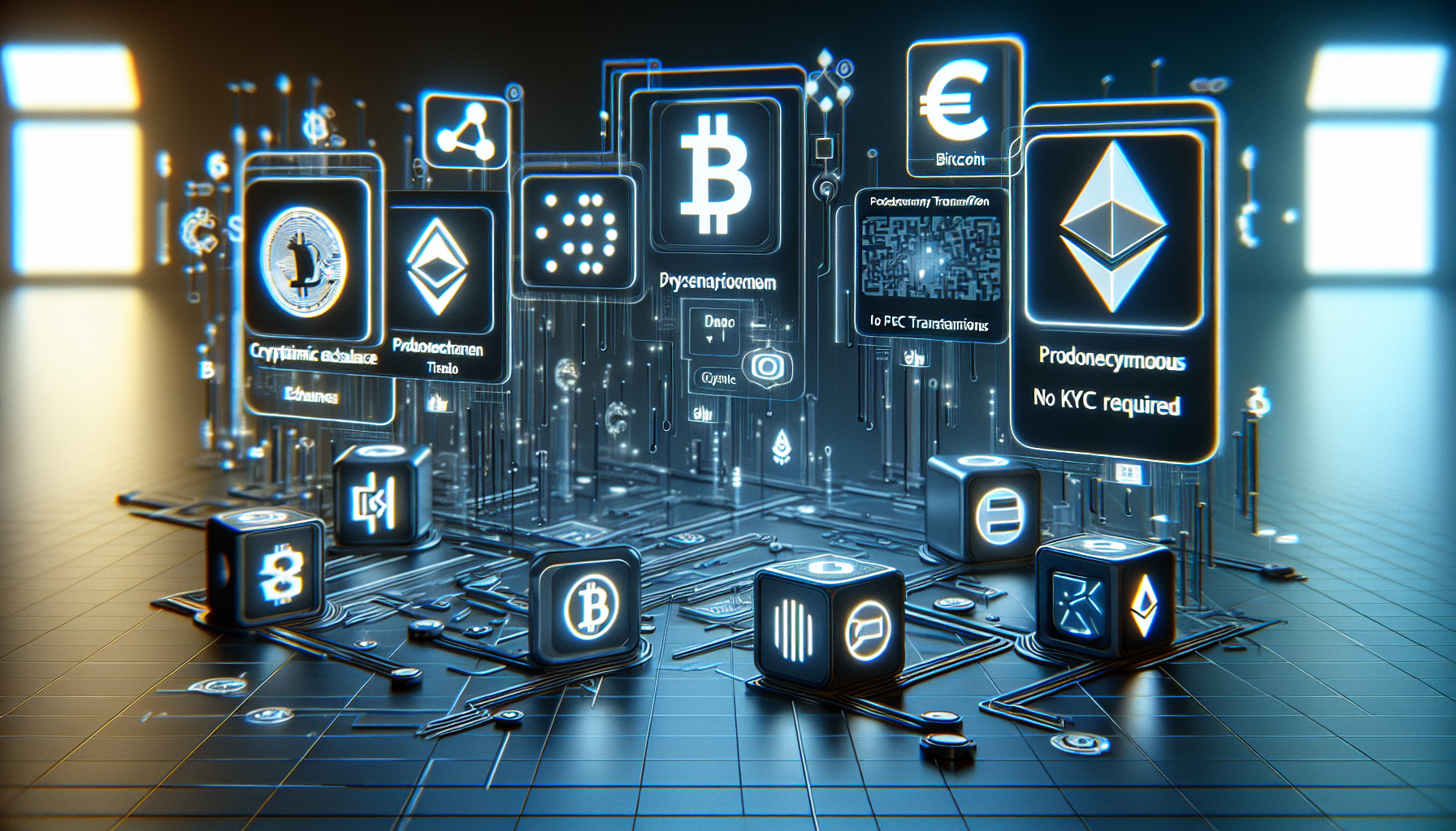 Create an image of a digital marketplace with various popular cryptocurrency icons (like Bitcoin, Ethereum, and Litecoin) prominently displayed. The scene should include a futuristic, sleek interface showcasing a list of platforms and alternative methods for purchasing cryptocurrencies. Highlight the No KYC Required feature on each platform